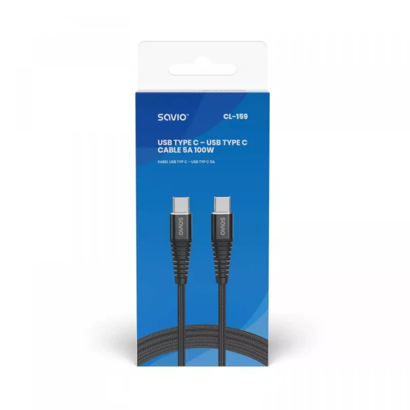 USB C - USB C kaabel SAVIO CL-159 1 m, USB 2.0 (480 Mbit/s), must, 2,1 A