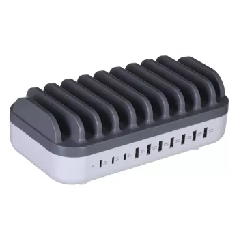 Manhattan Charging Station, 10x Ports: 3x USB-C (up to 18W PD) and 7x USB-A (up to 12W), 120W Total Output, Valge/hall, Three Year Warranty