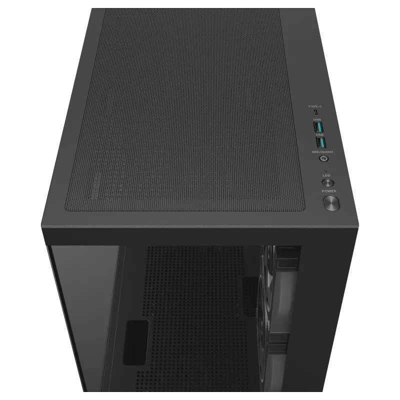 PC Midi Tower DeepCool CG380 3F — must, 235×437×451 mm, toetab 2x120 mm külg- + 1x120 mm tagaventilaatorit, alumine toiteplokk, 2.5 tolli/3.5 tolli kõvakettad