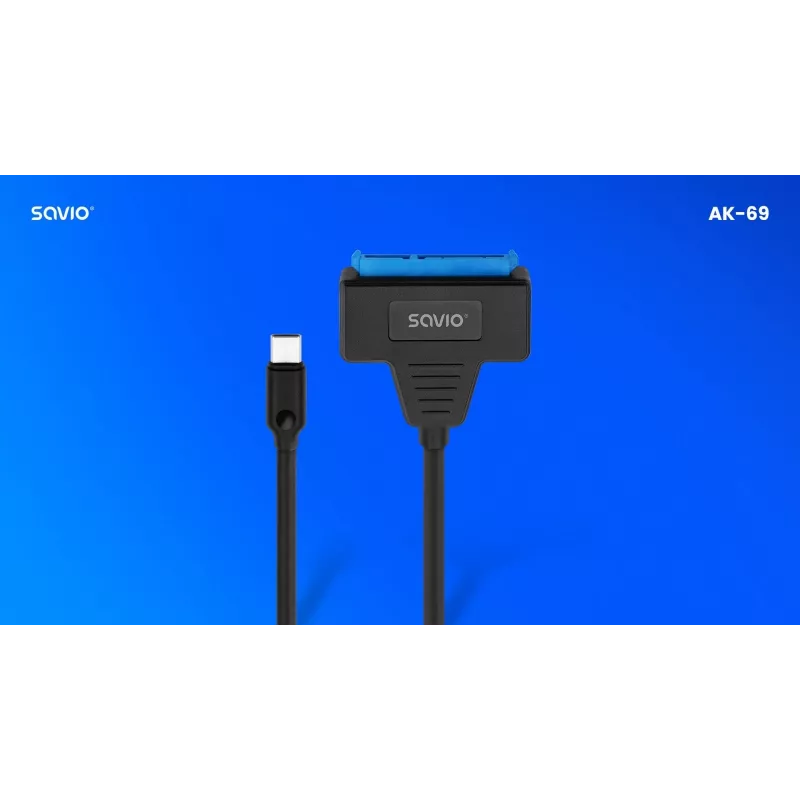 SAVIO SATA–USB-C liidesekaabel AK-69, SATA-emane–USB-C-isane, USB 3.2 Gen 1 (5 Gbit/s), 0,25 m, must