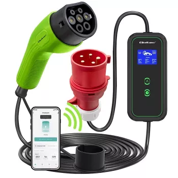 Qoltec mobiilne elektriauto laadija reguleeritav 2in1 Type2 | 7kW | 230V | CEE 3-pistik | Wi-Fi | LCD | kaasaskantav | seinakarp | 5m
