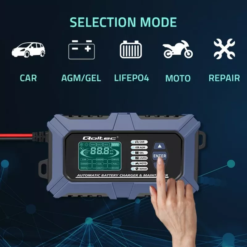 Qoltec nutikas mikroprotsessoriga akulaadija akutestriga ja 12V parandusfunktsiooniga | 6A | LCD | Akulaadija AGM LiFePO4 GEL akudele