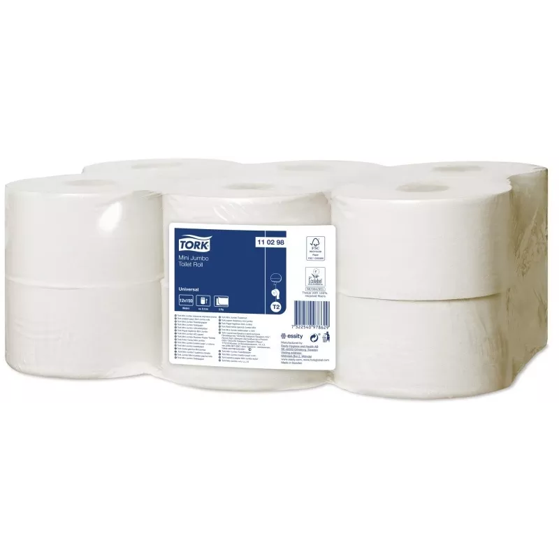 Tualettpaber Tork Universal Mini Jumbo T2, 2-kihiline, 9,1 cm × 150 m, valge, 12 tk