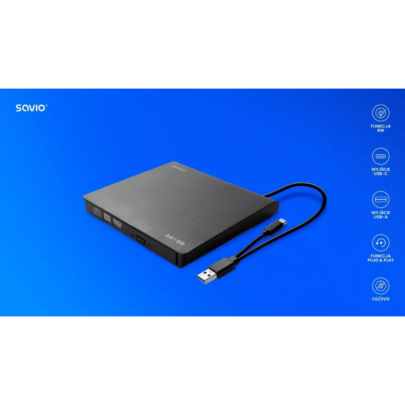 SAVIO AK-59 Väline saleda disainiga CD/DVD-salvesti R/RW - USB-C/USB-A, must