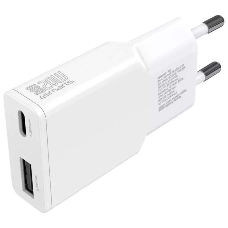 Siselaadne mobiilseadme laadija 4smarts 541509 — 100–240 V, USB-A + USB-C, 1,5 m kaabel, kiirlaadimine, valge