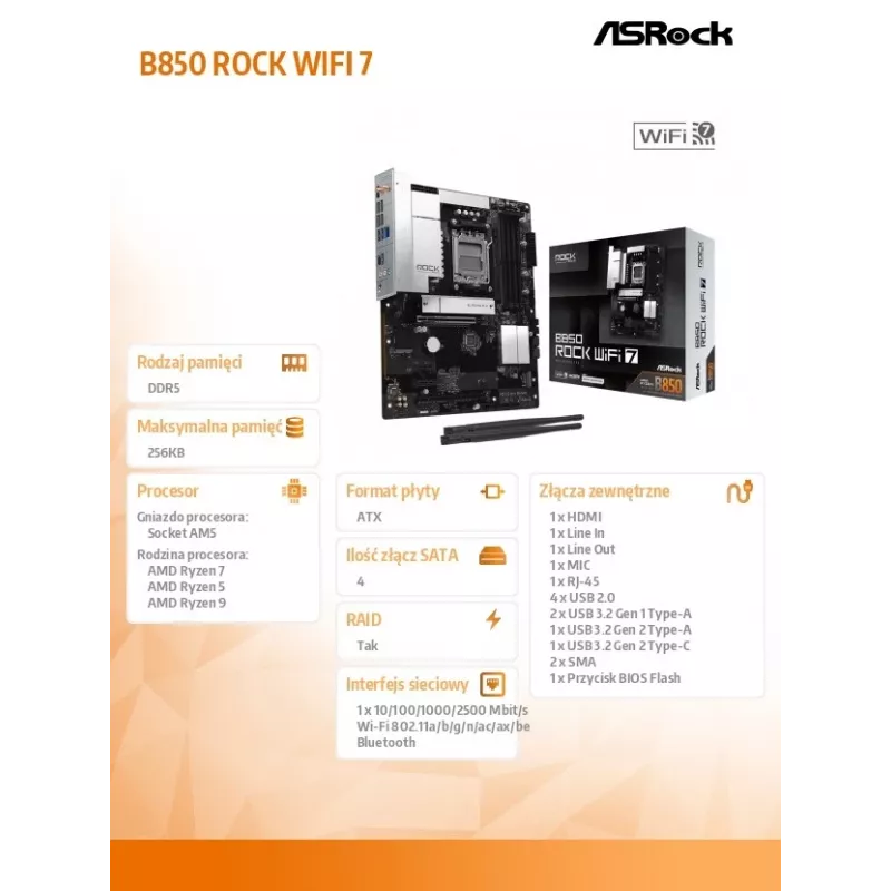 ASRock B850 Rock WiFi 7 emaplaat, AMD pesa AM5, ATX, DDR5, Wi-Fi 7