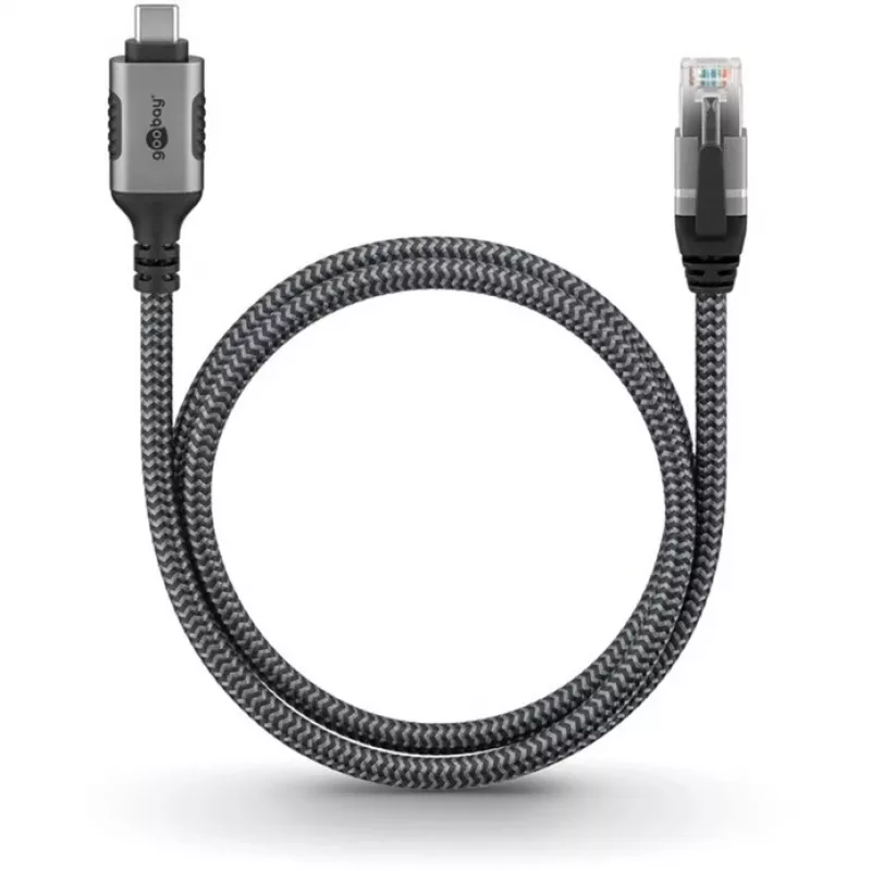Ethernet-kaabel USB-C 3.2 Gen2 pesa > RJ-45 pistik (must/hõbedane, 5 meetrit, punutud tekstiilümbris)