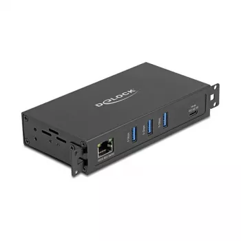 DELOCK USB-jaotur, 3-port 5 Gbps, RJ45 Gigabit PoE++ ja USB USB-C host, metallkorpus, 1,5 kV isolatsioon, must