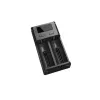 Akulaadija Nitecore NEW i2 — 2 pesaga laadija LiFePO4, Li-Ion, NiMH akudele; sisend 100–240V; väljund 9–12V; toetab AAAA/C/D/AAA/AA; must