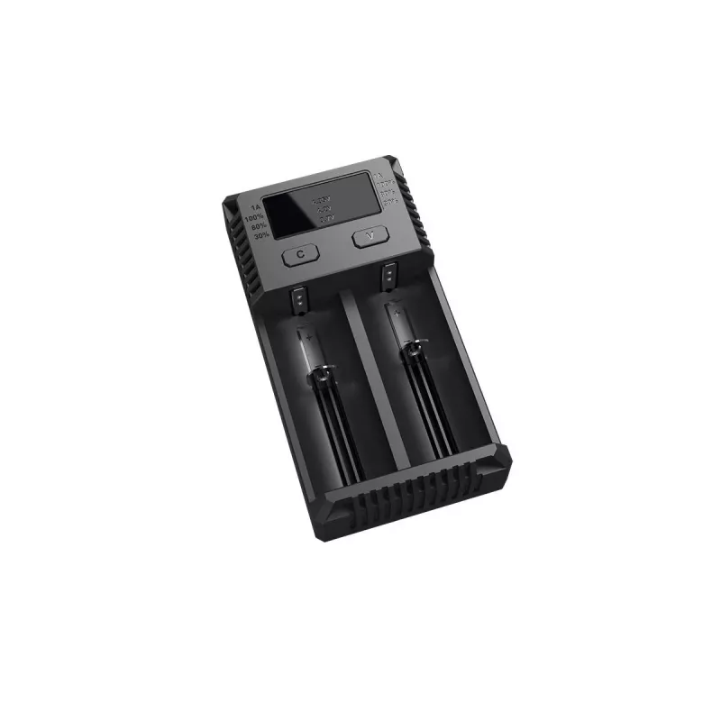 Akulaadija Nitecore NEW i2 — 2 pesaga laadija LiFePO4, Li-Ion, NiMH akudele; sisend 100–240V; väljund 9–12V; toetab AAAA/C/D/AAA/AA; must