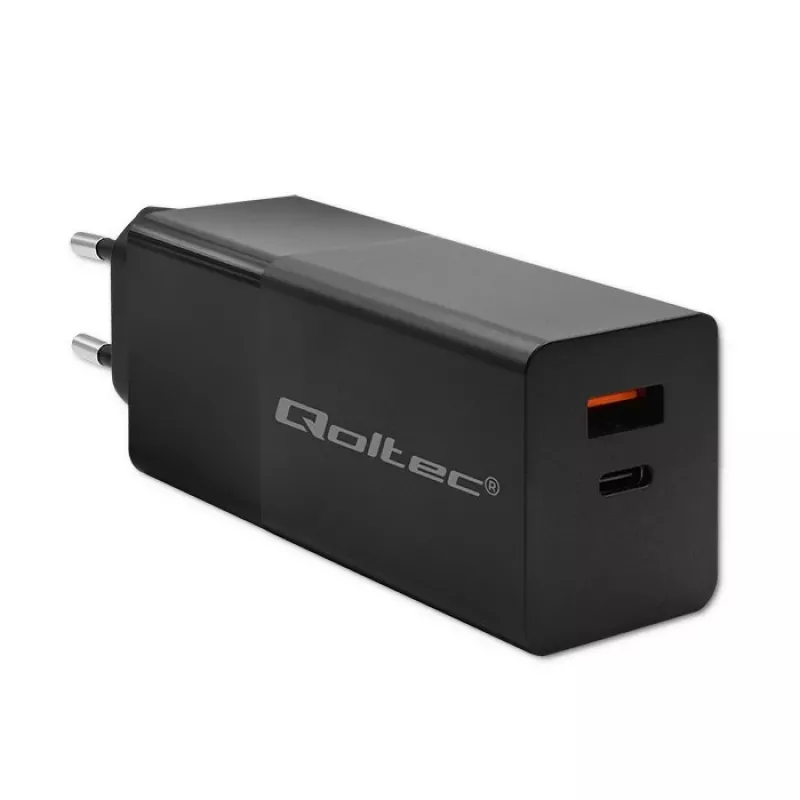 Qoltec 52382 GaN POWER PRO laadija | 1xUSB type C | 1xUSB A | 100W | 5-20V | 1.5-5A | PD | Must