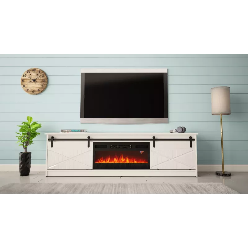 Telerikapp integreeritud elektrikaminaga Cama Meble GRANERO mudel RTV GRANERO + KOM B/B, 200x56.7x35 cm, valge/läikvalge, 2 ust, 2 riiulit, MDF/puitlaastplaat