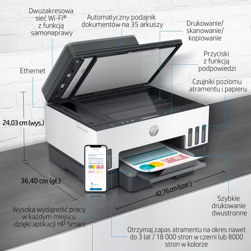 HP Smart Tank 750 multifunktsionaalne printer, pidev tindivarustus, värviline, Wi-Fi, Smart App, dupleks, ADF automaatne dokumendisöötja