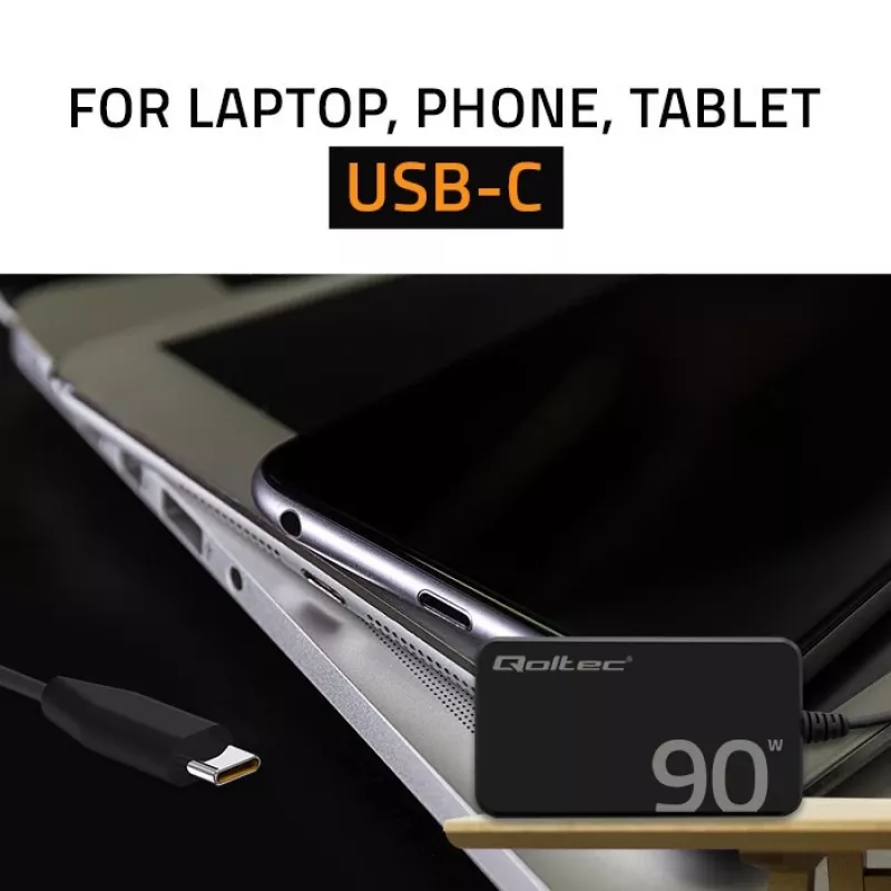 Qoltec 90W GaN Super Fast SLIM seinadapter | XP | 5-20V | 4,5A | USB-C 3.1 | sülearvuti | MacBook | nutitelefon | + kaabel