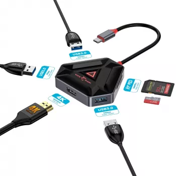 USB-C jaotur SBOX HEXAGON 6-ühes HDMI ja Ethernetiga, USB-C valge