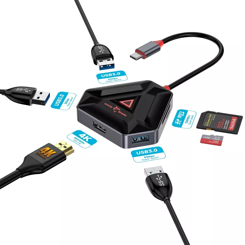 USB-C jaotur SBOX HEXAGON 6-ühes HDMI ja Ethernetiga, USB-C valge