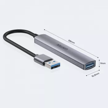 USB-jaotur Unitek H1208A — 4 porti (1 × USB 3.2 Gen 1 Type-A, 3 × USB 2.0), alumiiniumkorpus, hall, 0,20 m kaabel