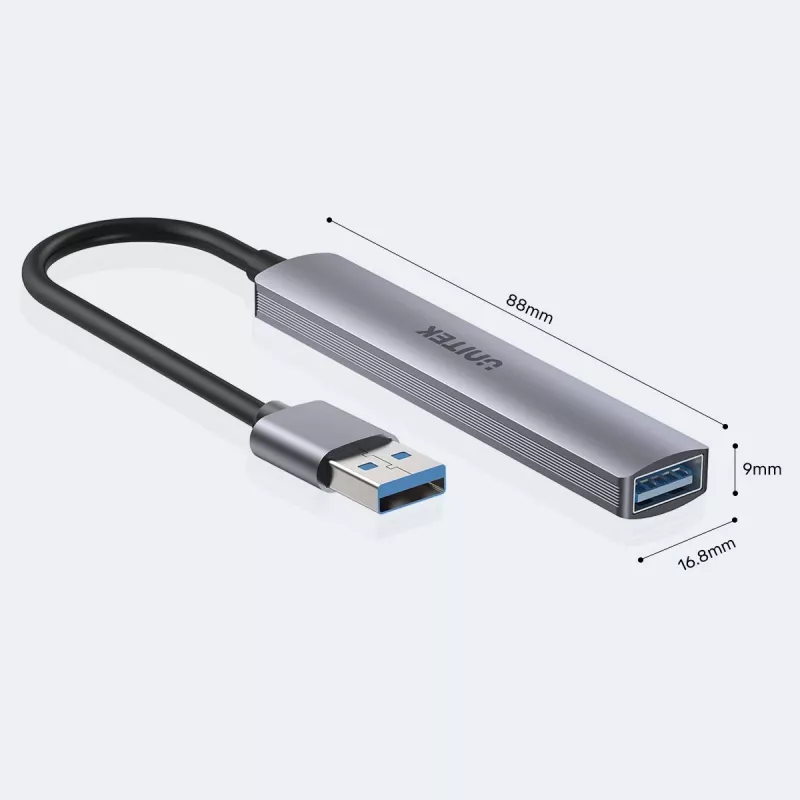 Unitek H1208A USB-A jaotur, 4 porti (1x USB-A 5 Gbps, 3x USB-A 2.0), alumiinium, hõbedane