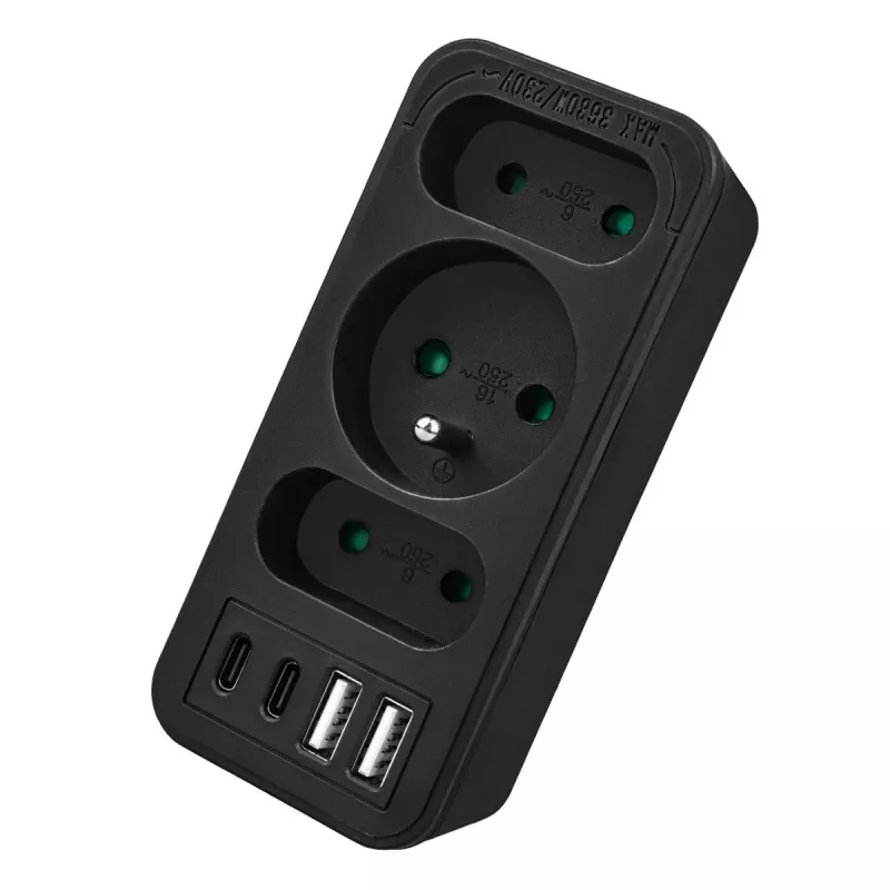 Toitejaotur MACLEAN MCE248 F/B — 3 vahelduvvoolu pesa (1x16A, 2x6A) ja 4 USB-porti (2xUSB‑A, 2xUSB‑C PD 20W), EL-pistik, must