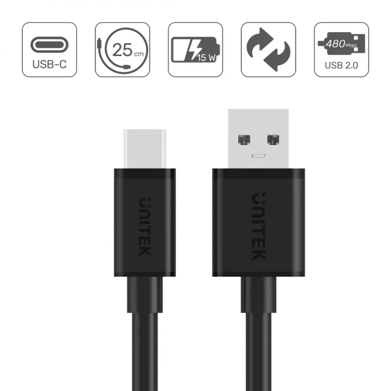 UNITEK USB KAABEL USB-A — USB-C 25CM, Y-C480BK