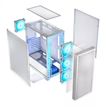 Arvutikorpus LOGIC Dart Pro Midi ARGB valge — Midi Torn, ATX, 456×200×385 mm, max GPU 34 cm, CPU jahuti kõrgus 155 mm, 3x120 mm ees + 1x120 mm taga, USB 3.0 x2, USB-C x1
