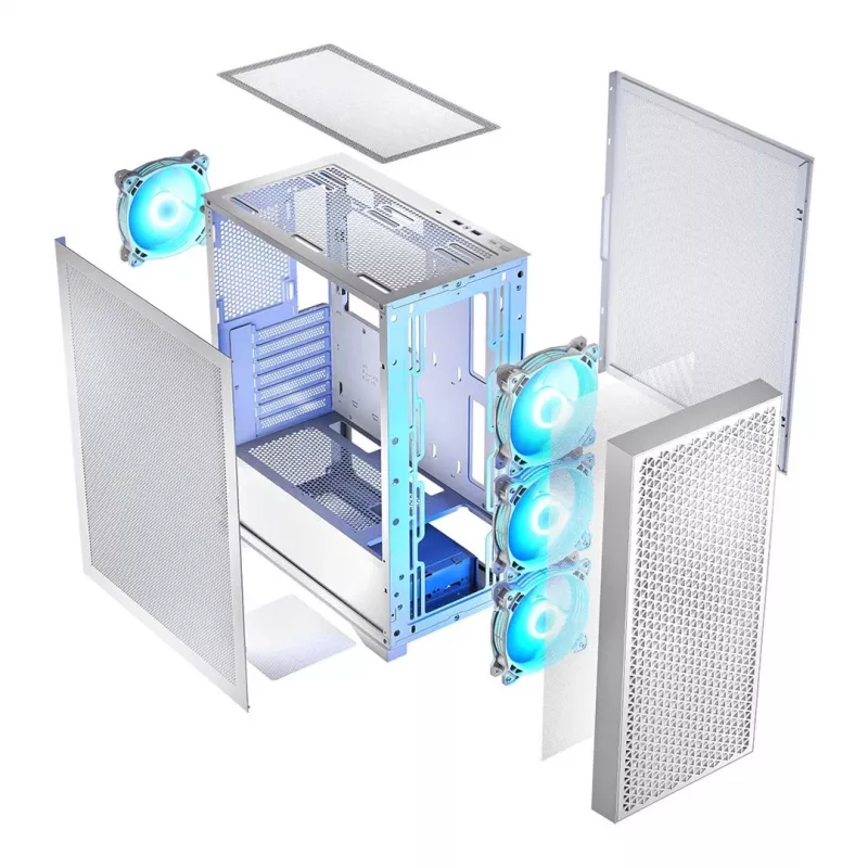 Arvutikorpus LOGIC Dart Pro Midi ARGB valge — Midi Torn, ATX, 456×200×385 mm, max GPU 34 cm, CPU jahuti kõrgus 155 mm, 3x120 mm ees + 1x120 mm taga, USB 3.0 x2, USB-C x1