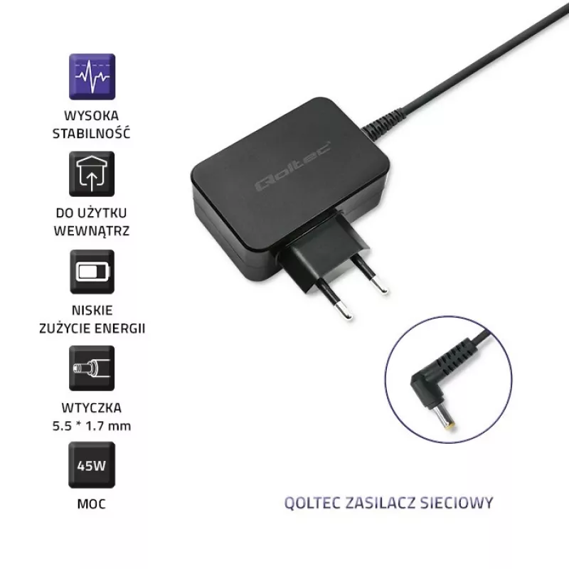 Toiteadapter QOLTEC 45W 19V 2.37A pistikuga 5,5x1,7 mm