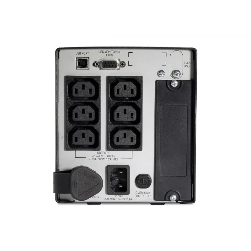APC Smart UPS 750VA 230V USB UL heakskiiduga, 0,75 kVA, 500 W, 50/60 Hz, 340 J, IEC 60320, 4,8 min