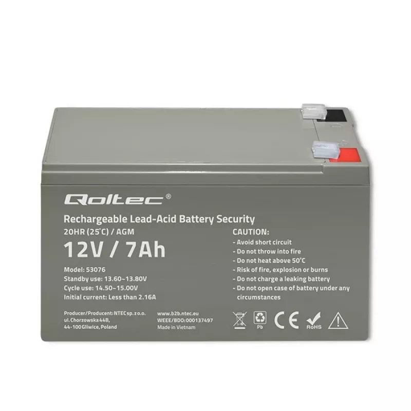 Qoltec 53076 AGM aku | 12V | 7Ah | Turvalisus