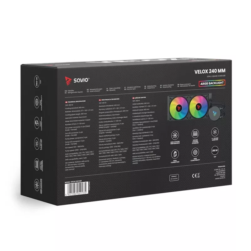 Vedelikjahutuskomplekt SAVIO VELOX 240 mm Must — 240 mm radiaator, 205×450 mm, 2 ventilaatorit, TDP 250 W