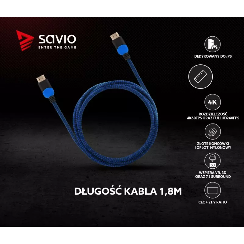 Savio GCL-02 HDMI-kaabel 1,8 m HDMI Type A (Standard) Must, Sinine