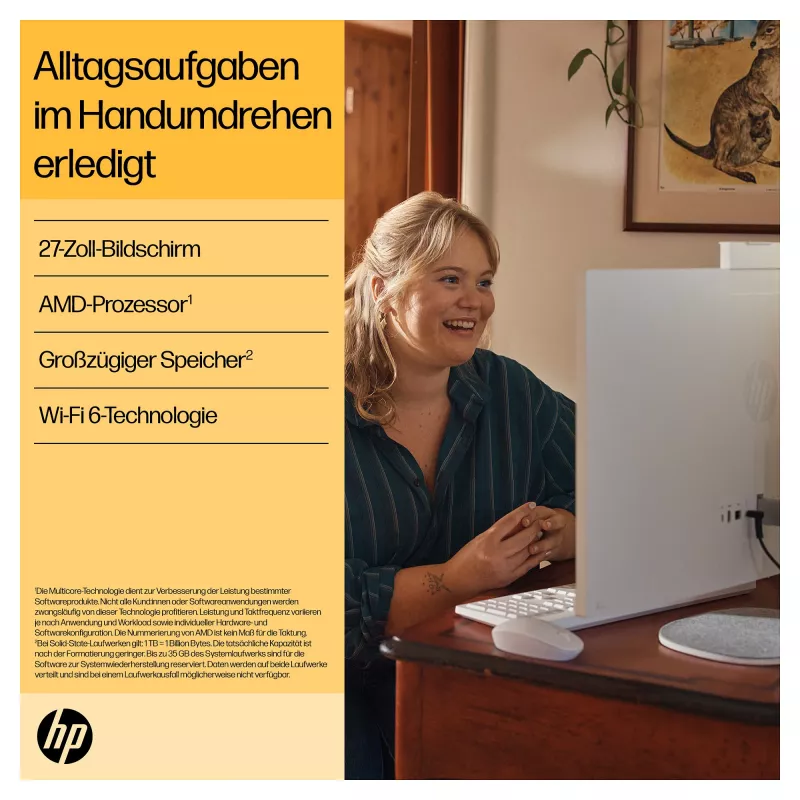 HP 27-cr0471ng - Kõik-ühes (terviklahendus) - Ryzen 7 7730U - RAM 16 GB - SSD 512 GB - NVMe - Radeon Graphics - 1GbE, Wi-Fi 6, Bluetooth - WLAN: 802.11a/b/g/n/ac/ax, Bluetooth