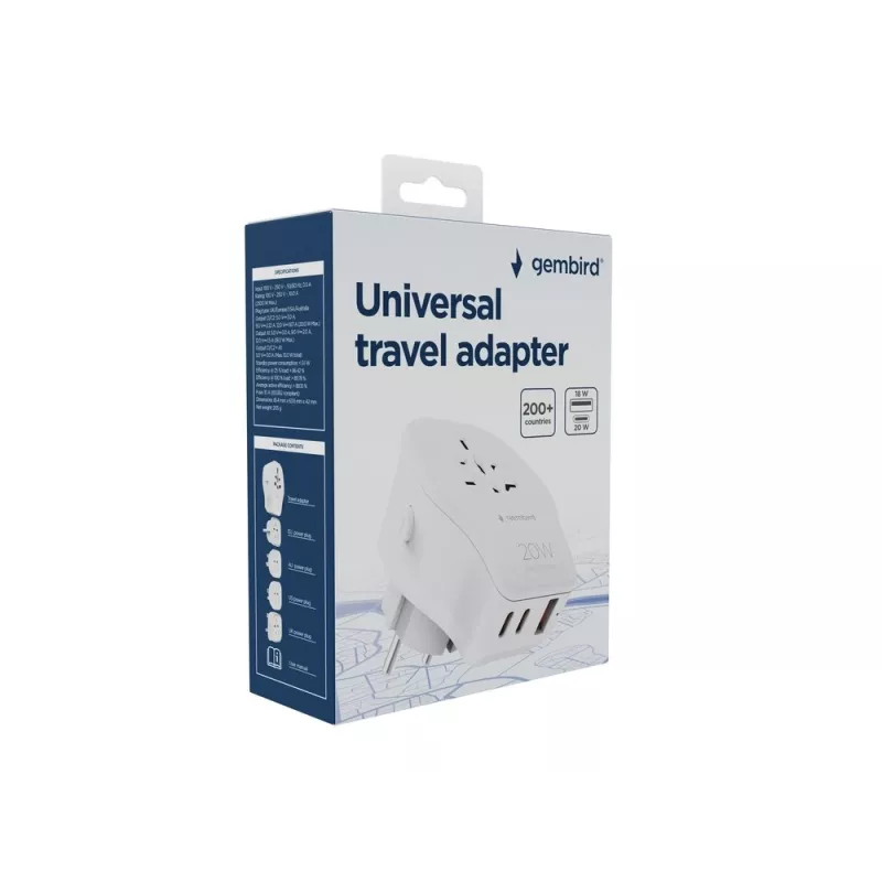 Seinareisiadapter GEMBIRD TPA-1A2C20-02-W 20W — 1×USB-A + 2×USB-C, Type G pistik, 100–250V, valge