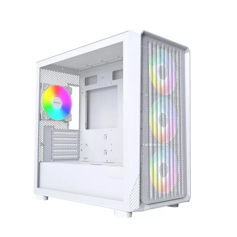 PC-korpus Montech X5M (W) Micro Tower, valge — Micro-ATX/Mini-ITX, toetab ATX-toiteplokki, 3x120 mm ees, 1x120 mm taga, 2x3,5 tolli sahtlit, 4x2,5 tolli sahtlit