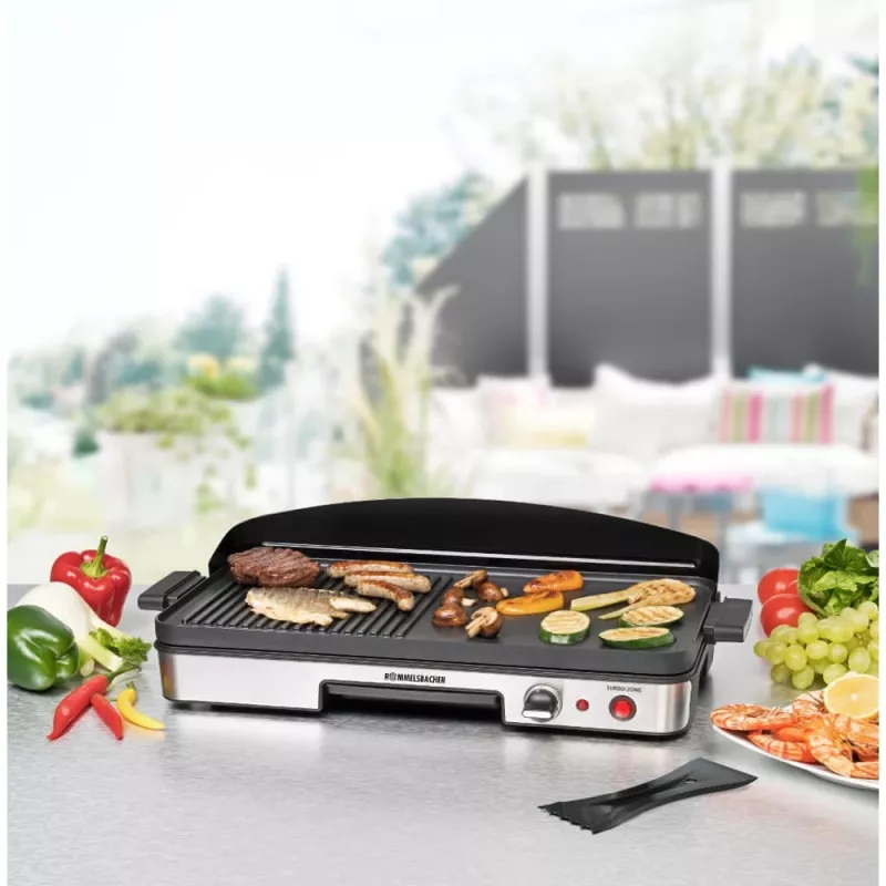 Elektriline lauagrill Rommelsbacher BBQ 2003 — 1900 W, 50×25 cm, sooneline + Teppanyaki, reguleeritav termostaat, hõbedane/must