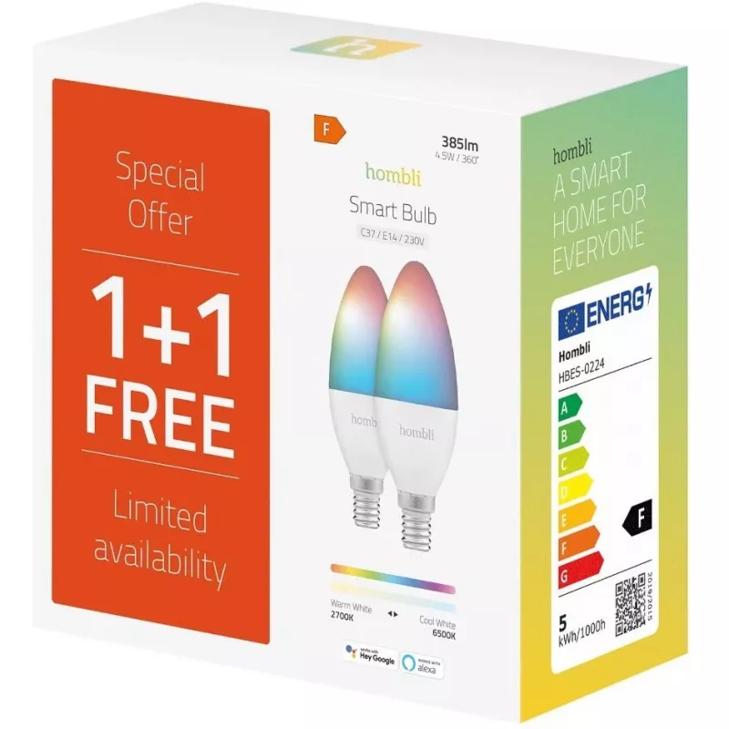 Hombli smart nutipirn, 4,5 W, E14, RGB, CCT, 1+1 sooduspakk