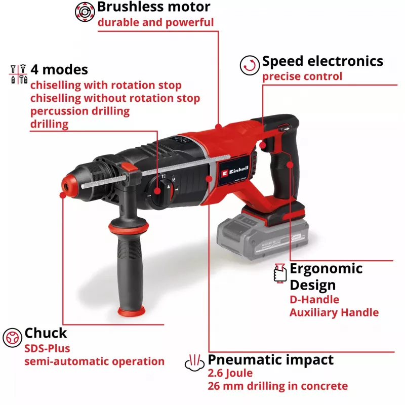 Professional Battery-Rotary Hammer TP-HD 18/26 D Li BL - Solo, 18V (must/punane, ilma aku ja laadijata, E-Case'is)