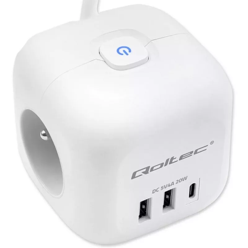 Toitepistik QOLTEC 52547 3× vahelduvvoolupistikupesa, 2× USB-A, 1× USB-C PD 20W