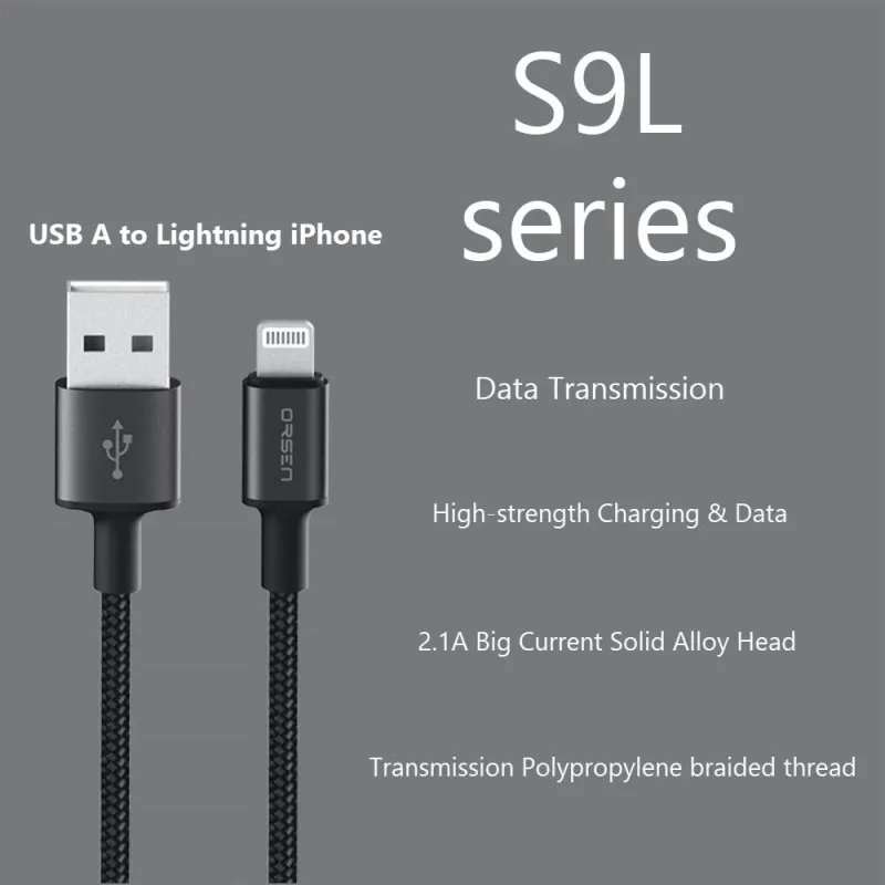 USB-A – Lightningi kaabel Orsen S9L 1 m 2,1 A – must