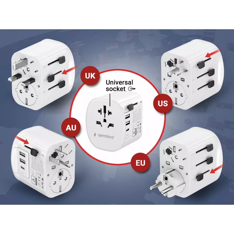 Reisiadapter GEMBIRD TPA-EU2A1C15-01-W — 15W, Type E pistik, 2× USB-A + 1× USB-C, 100–250V