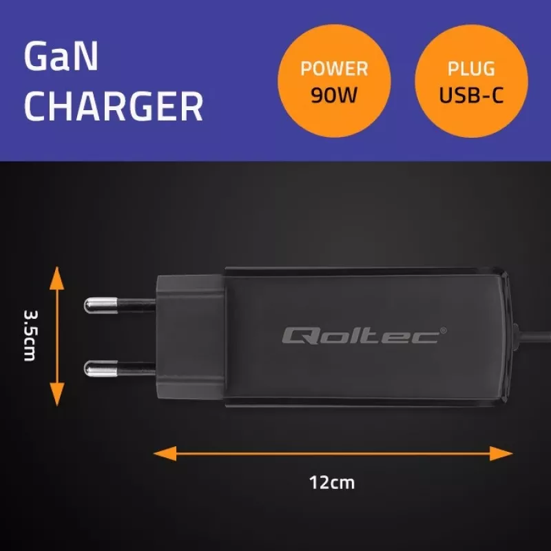 GaN 90W laadija QOLTEC 52420 USB-C PD 5–20 V 3 A/4,5 A väljund, 220–240 V sisend, 1,8 m kaabel, must