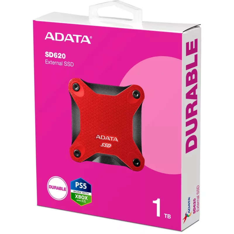 Väline SSD ADATA SD620 1 TB, kaasaskantav USB 3.2 Gen 2 (Micro-USB B), lugemiskiirus 520 MB/s, kirjutamiskiirus 460 MB/s, löögikindel, punane