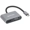 Manhattan USB-C dokk/jaotur, pordid (x4): HDMI, USB-A, USB-C ja VGA, toiteedastusega (PD) 87 W – vajab välist USB-C laadijat (ei kuulu komplekti). Toide USB kaudu (välist toiteallikat pole vaja), kui PD ei ole kasutusel, alumiinium