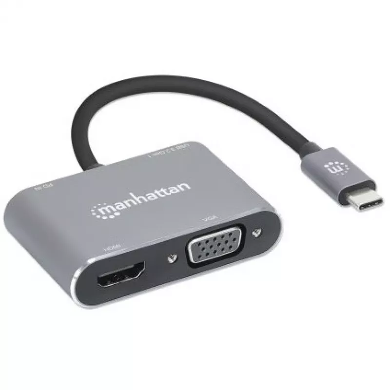Manhattan USB-C dokk/jaotur, pordid (x4): HDMI, USB-A, USB-C ja VGA, toiteedastusega (PD) 87 W – vajab välist USB-C laadijat (ei kuulu komplekti). Toide USB kaudu (välist toiteallikat pole vaja), kui PD ei ole kasutusel, alumiinium