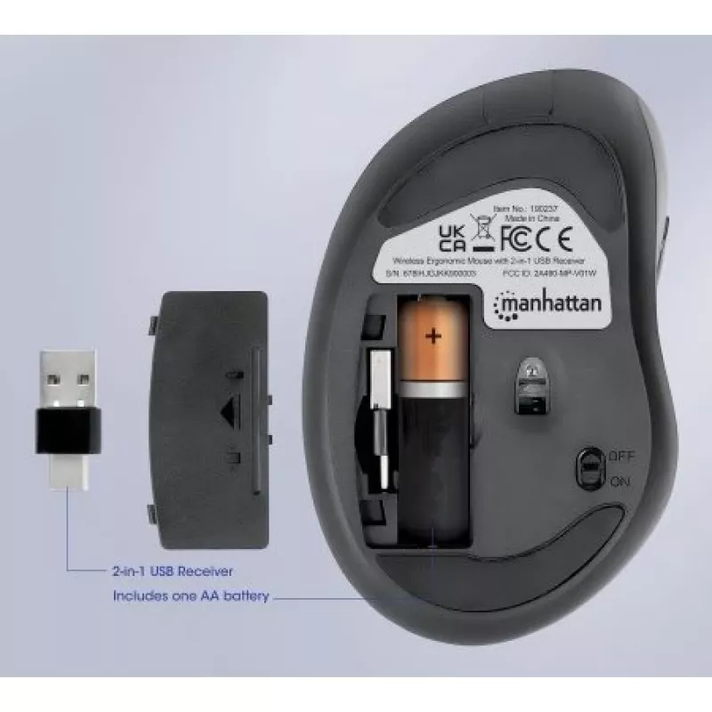 Manhattan Ergonomic Wireless hiir, paremakäeline, reguleeritav 800/1200/1600dpi, 2.4Ghz (kuni 10m), kuus nuppu kerimisrattaga, kombineeritud USB-A ja USB-C vastuvõtja, must, AA aku (kaasas), kolmeaastane garantii