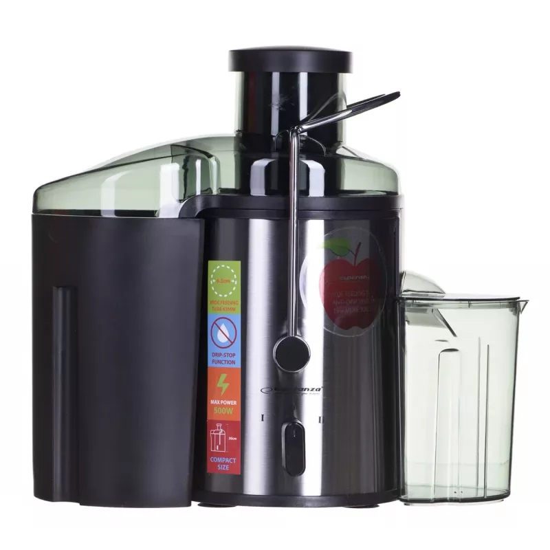 Mahlapress ESPERANZA EKJ002 — 500 W, 0,45 L mahlanõu, 1,5 L viljalihamahuti, roostevaba teras/must