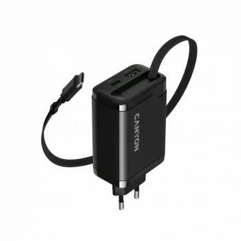 Laadija CANYON OnCharge 65RC sisseehitatud USB-C kaabliga, 65 W, 1x PD, 1x QC, EL-pistik, must