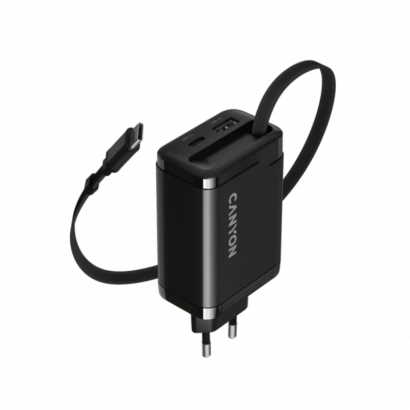 Laadija CANYON OnCharge 65RC sisseehitatud USB-C kaabliga, 65 W, 1x PD, 1x QC, EL-pistik, must