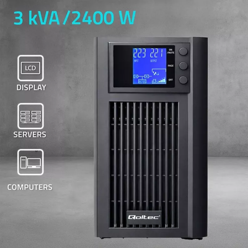 UPS QOLTEC Pure Sine Wave 3kVA 2400W koos AVR-i ja LCD-ekraaniga