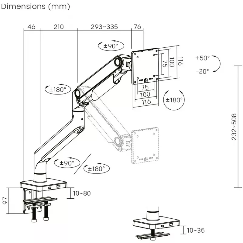 Monitorihoidik DIGITUS Single, klamber, kuni 49-tollisele (124,5 cm), 20 kg, VESA 75x75–100x100, kallutus -20° kuni 50°, kõrgus reguleeritav, must